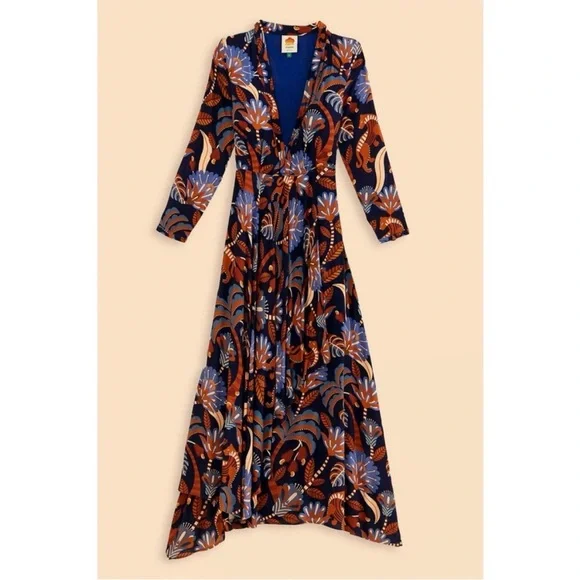 NWT Farm Rio Blue Nature Beauty Long Sleeve Maxi Dress